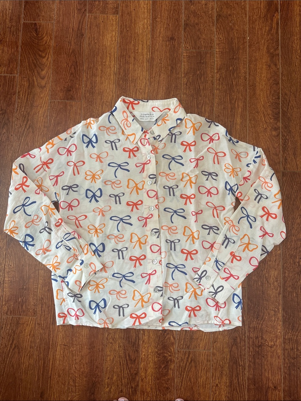 Compania Fantastica XS Bow Print Button Front Blouse Multicolor Long Sleeve